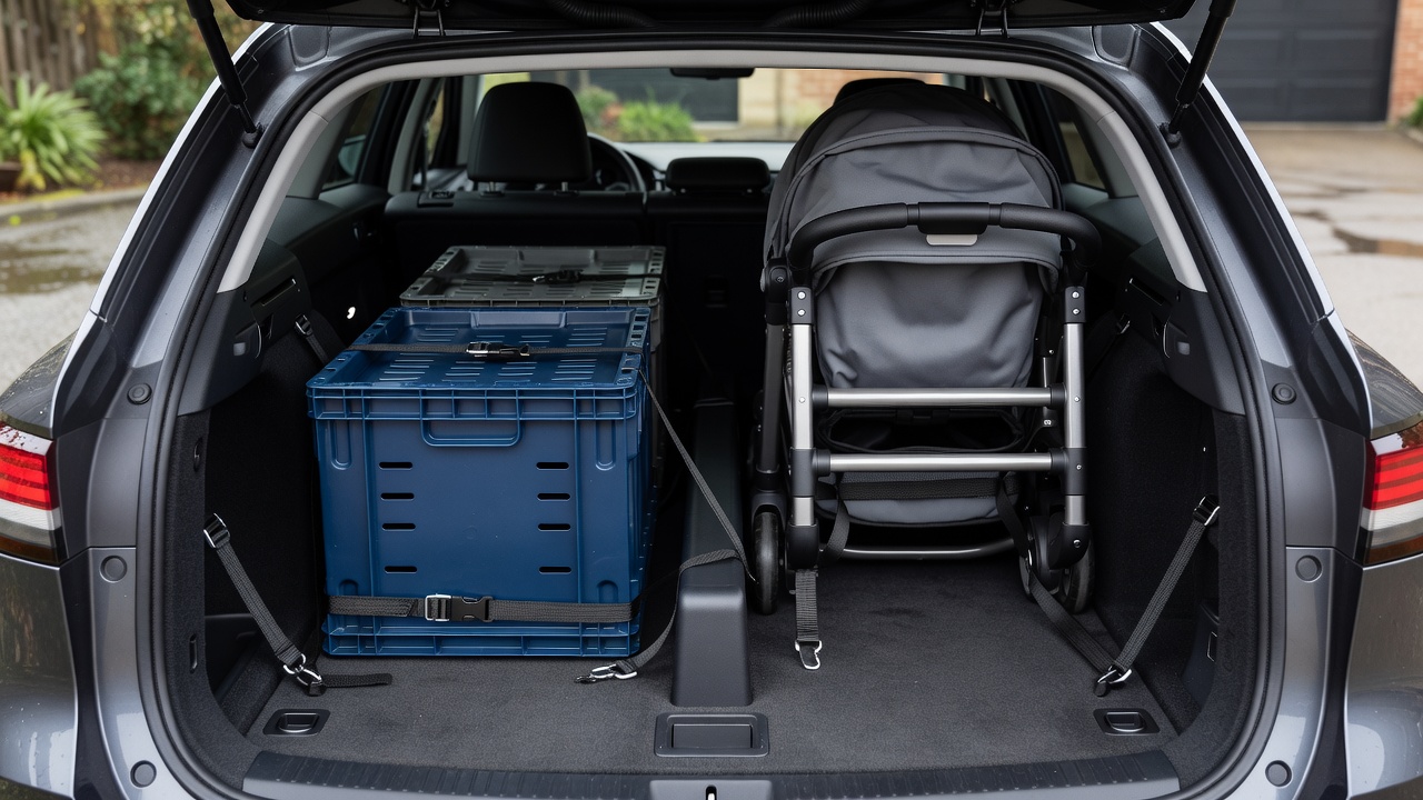 Estate-car boot with separate spaces for restrained crates and a folded pushchair