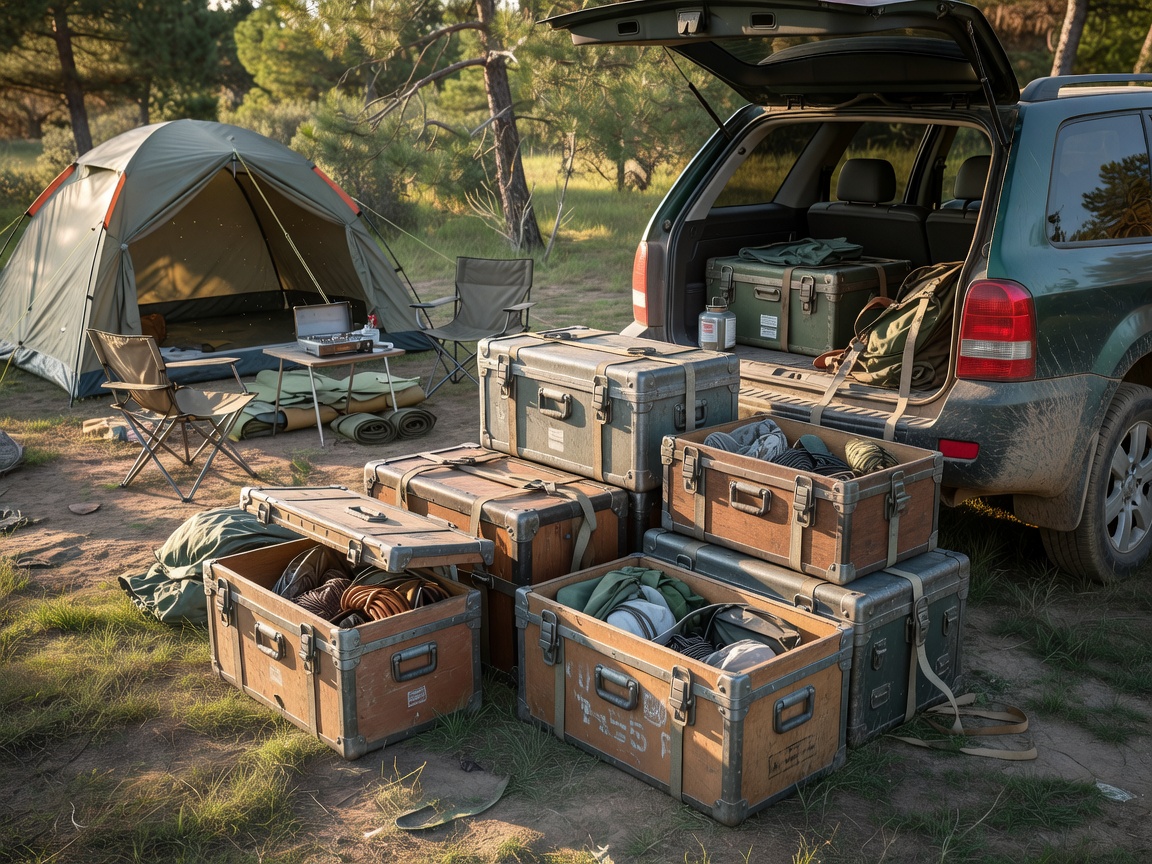 Labelled touring crates set beside a vehicle during campsite unpacking