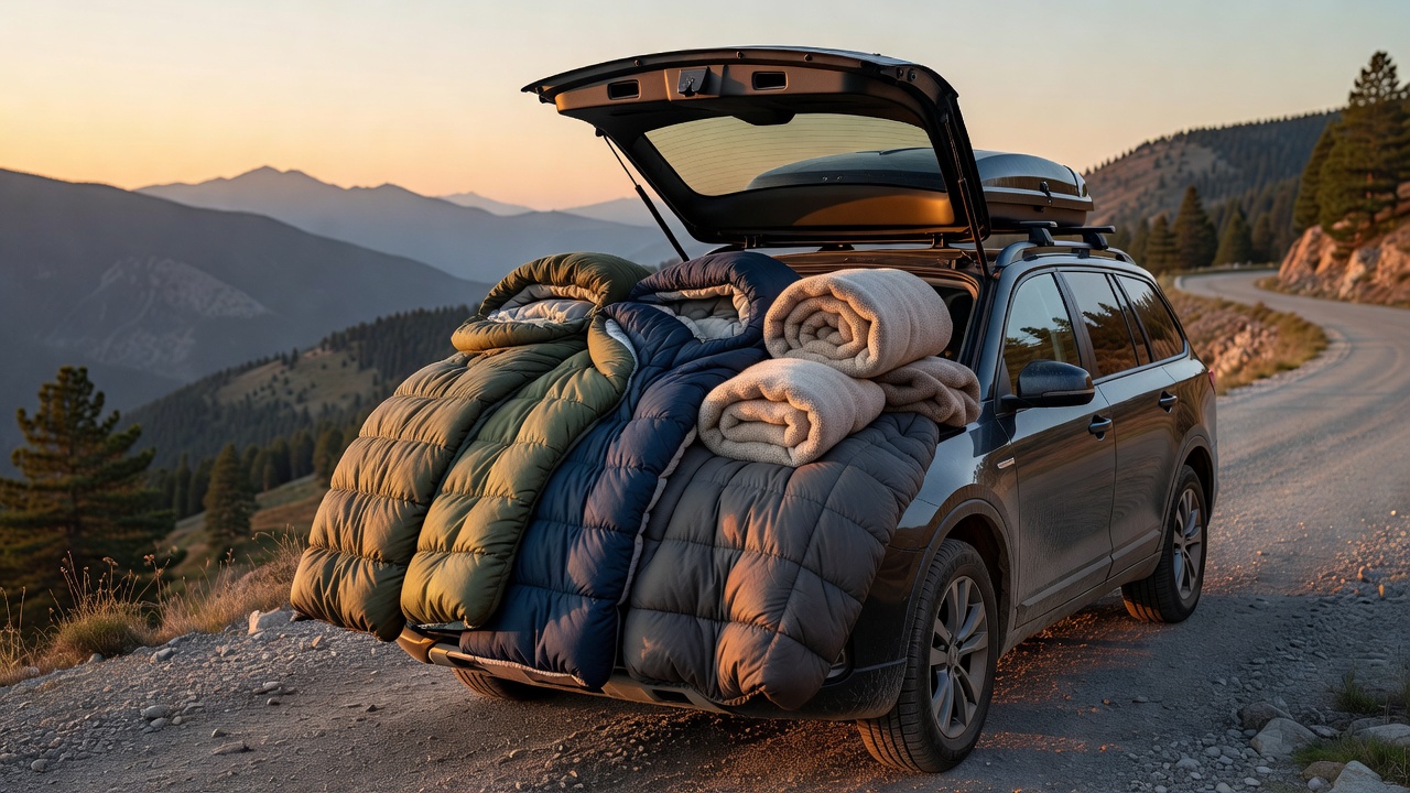 Open roof box holding soft camping bedding on a parked touring vehicle