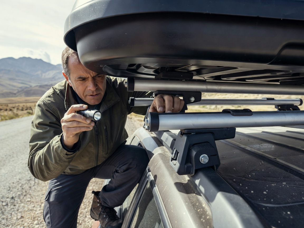 Traveller inspecting the crossbar mounting beneath a roof box