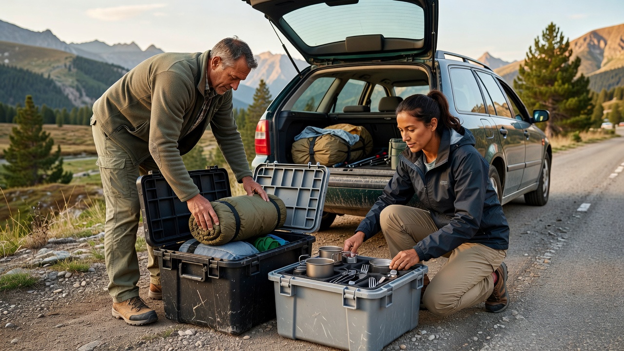 Touring couple sorting camping equipment into storage modules beside their car