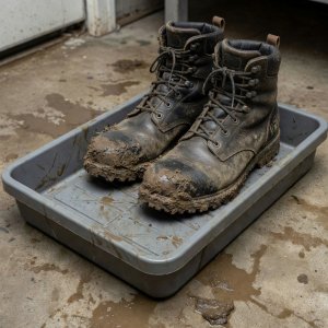 Muddy walking boots contained in a washable removable boot tray